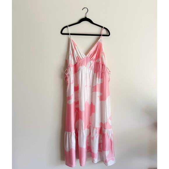 H&M Pink + White Floral Print V Neck Side Tie Maxi Dress - Large - NWT - Picture 1 of 11